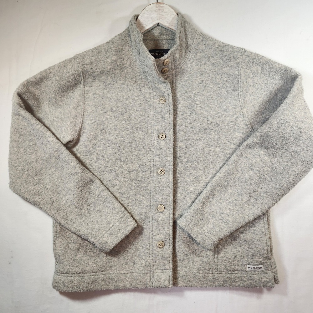 Woolrich Womens Stone Grey Button Front Fleece Jacket Mock Neck Small